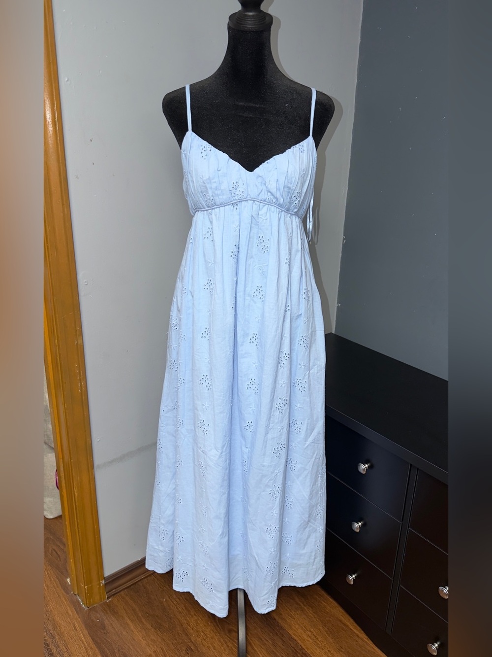 Light Blue Eyelet Spaghetti-Strap Maxi Dress